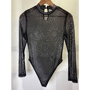 ChicMe Black Sheer Mesh Rhinestone Bodysuit Mock Neck Long Sleeve